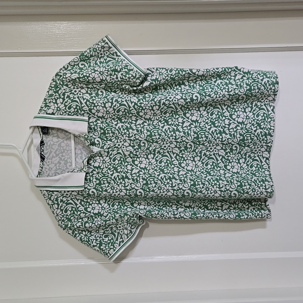 Land's End Green/White Floral Mesh Polo Shirt